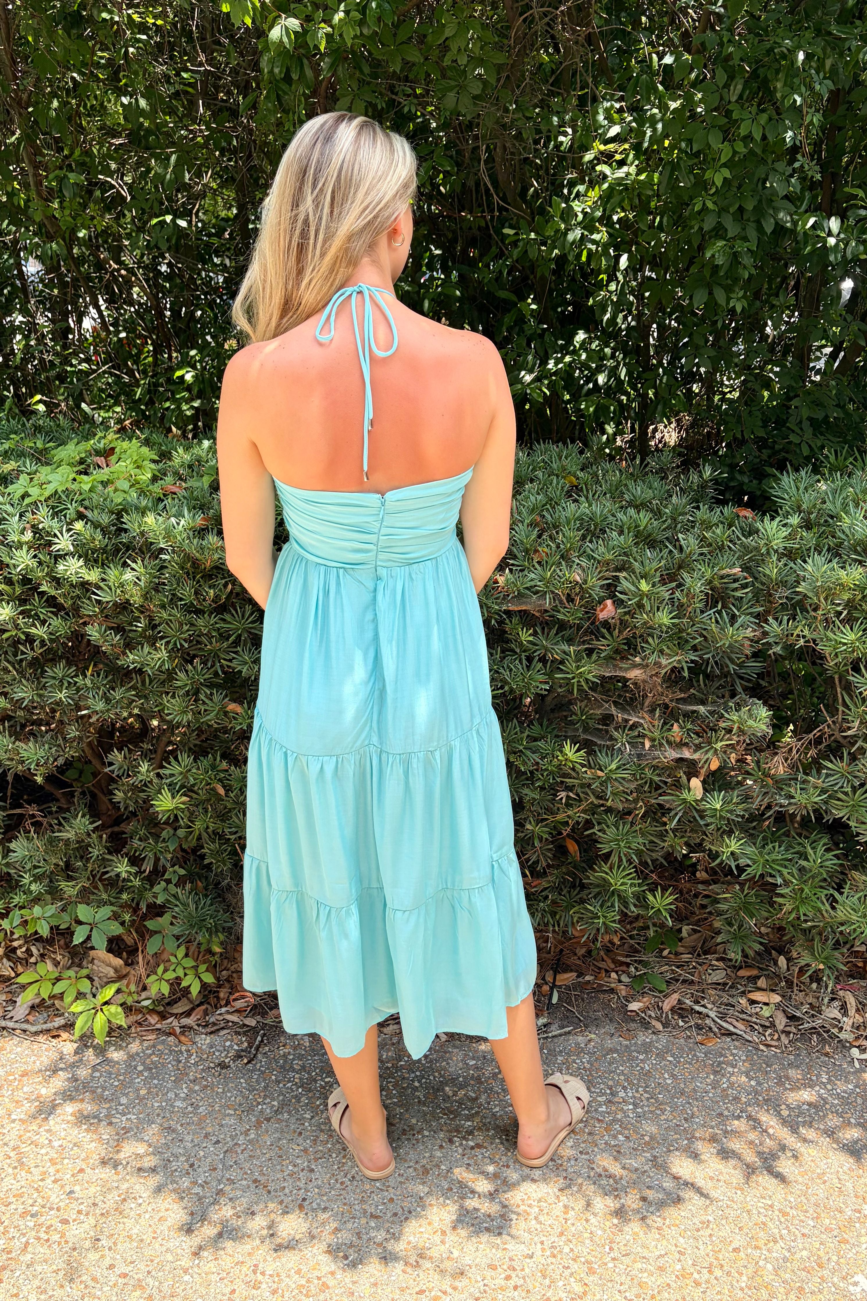 Clear Skies Blue Halter Neck Tiered Midi Dress with Ruched Bodice