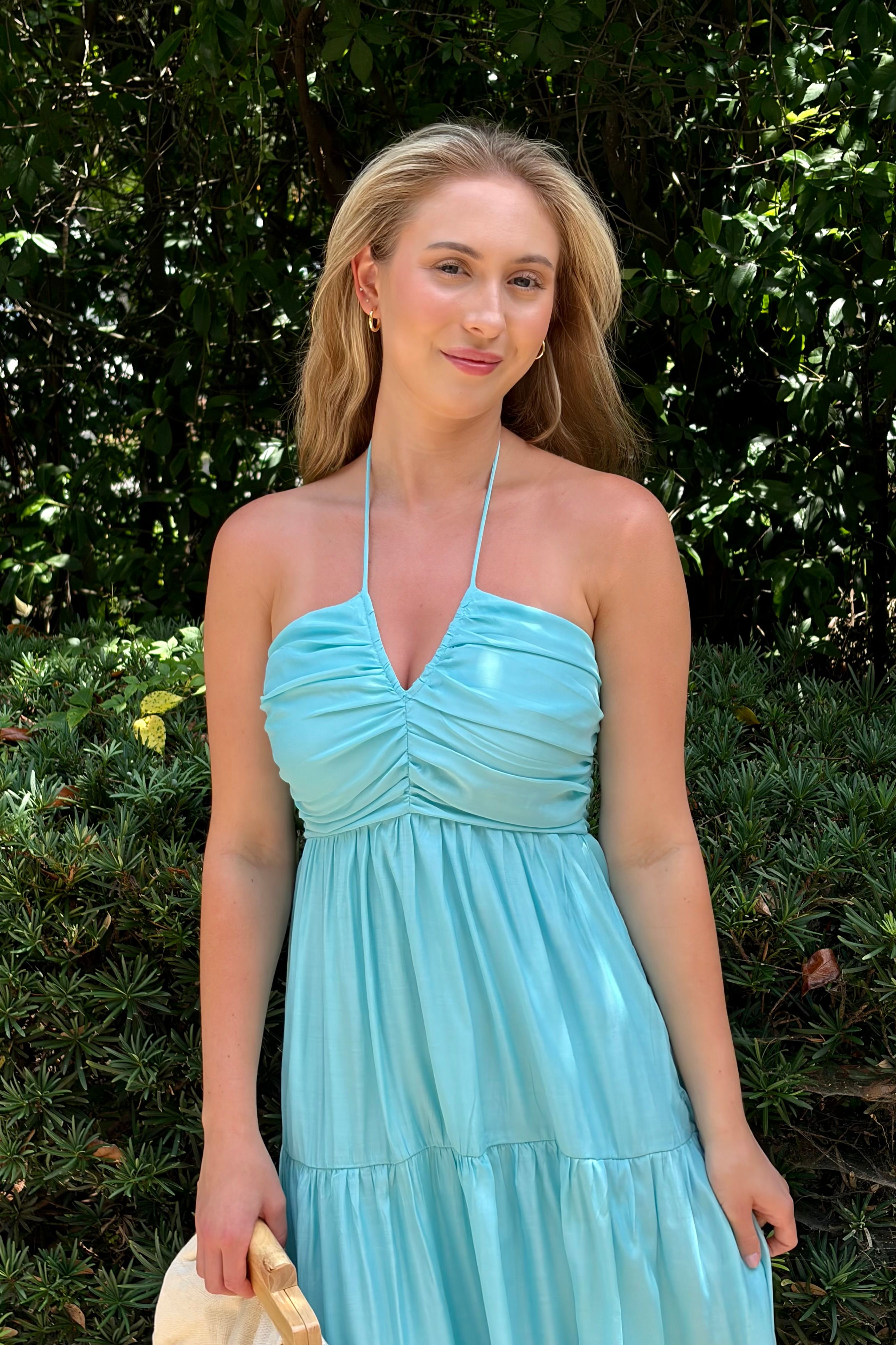 Clear Skies Blue Halter Neck Tiered Midi Dress with Ruched Bodice