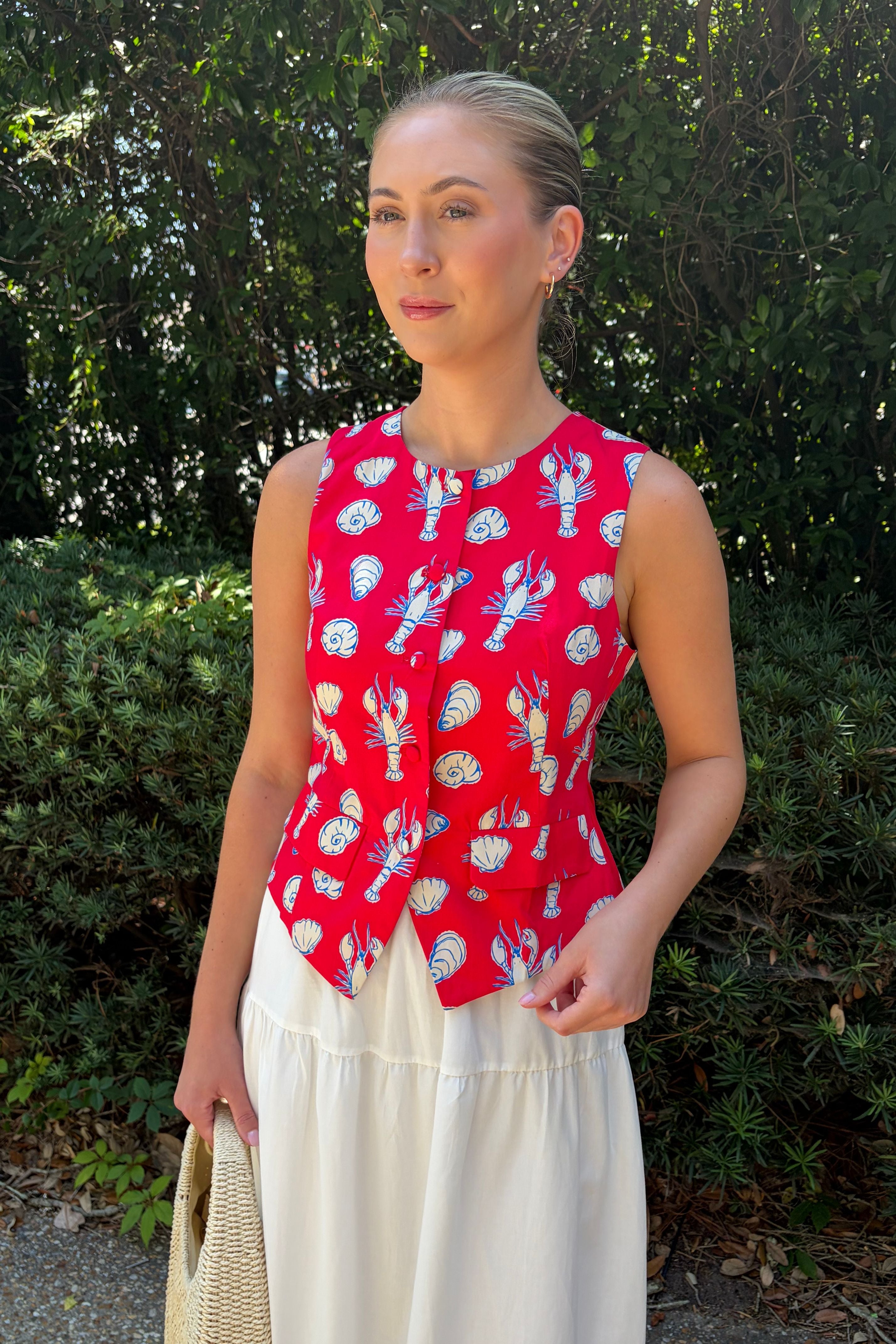 Pinch Me Red Coastal Print Peplum Top with Lobster & Seashell Print