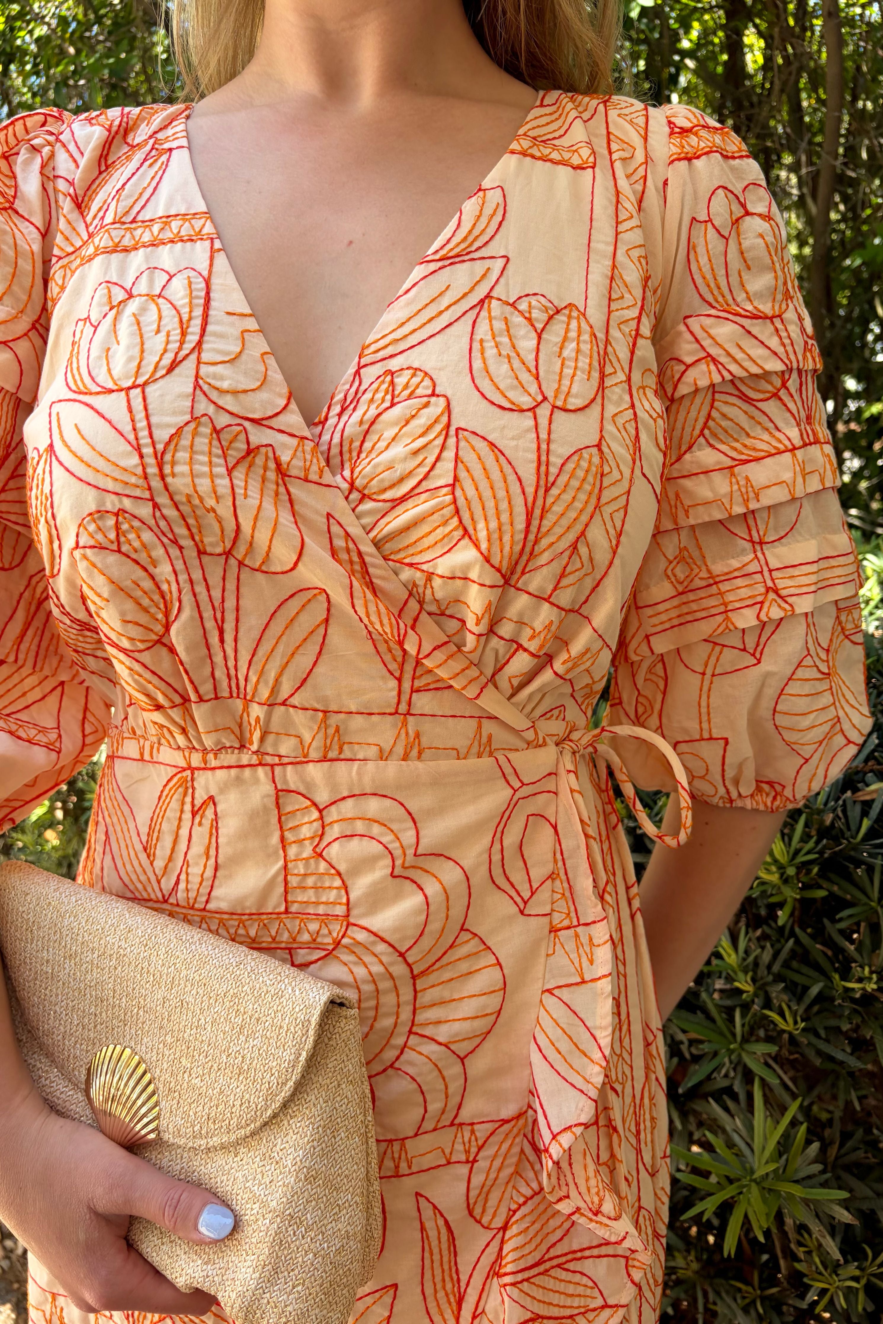 Haven Ruffle Embroidery Wrap Midi Dress