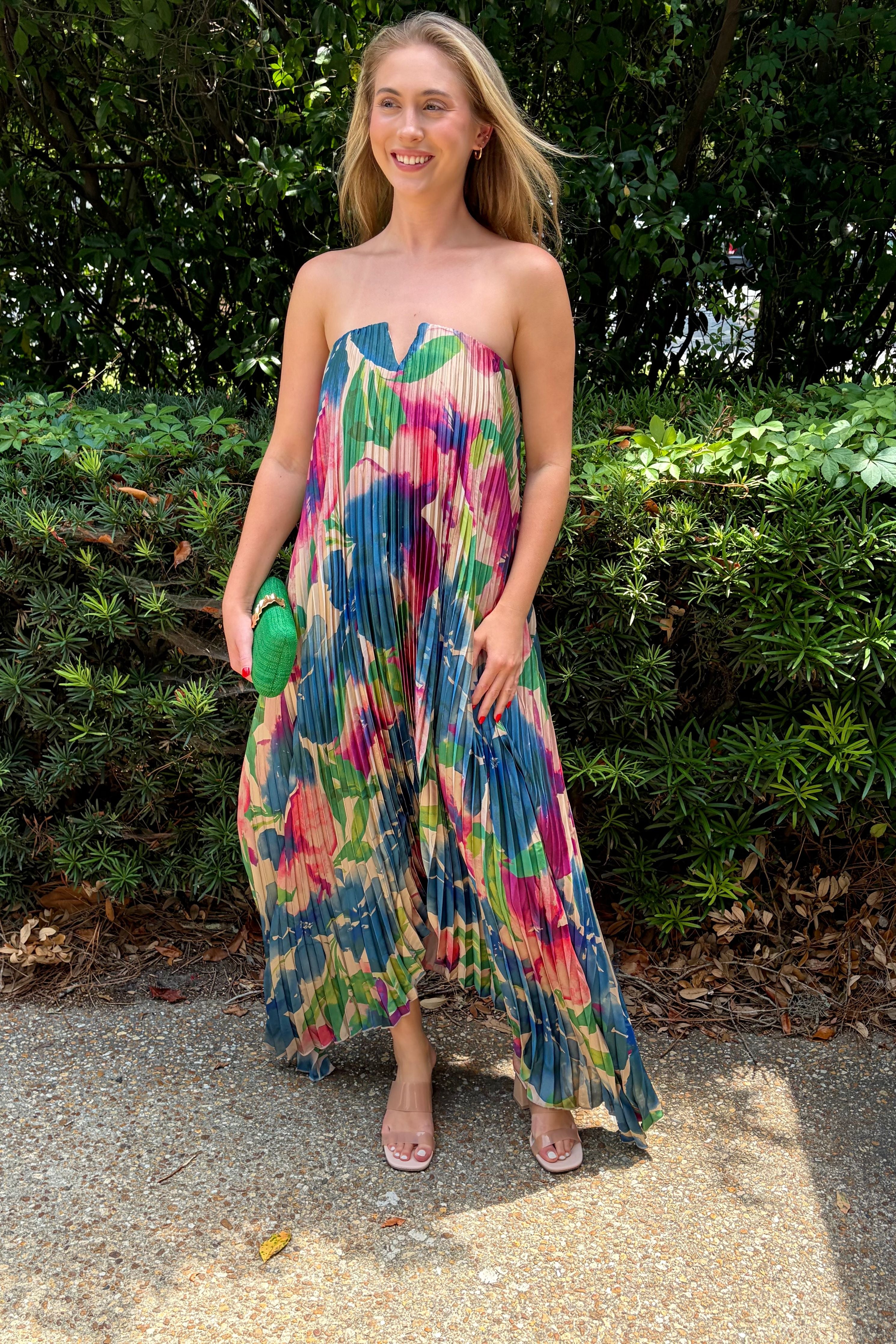 Painted Paradise Strapless Pleated Floral High Low Maxi Dress