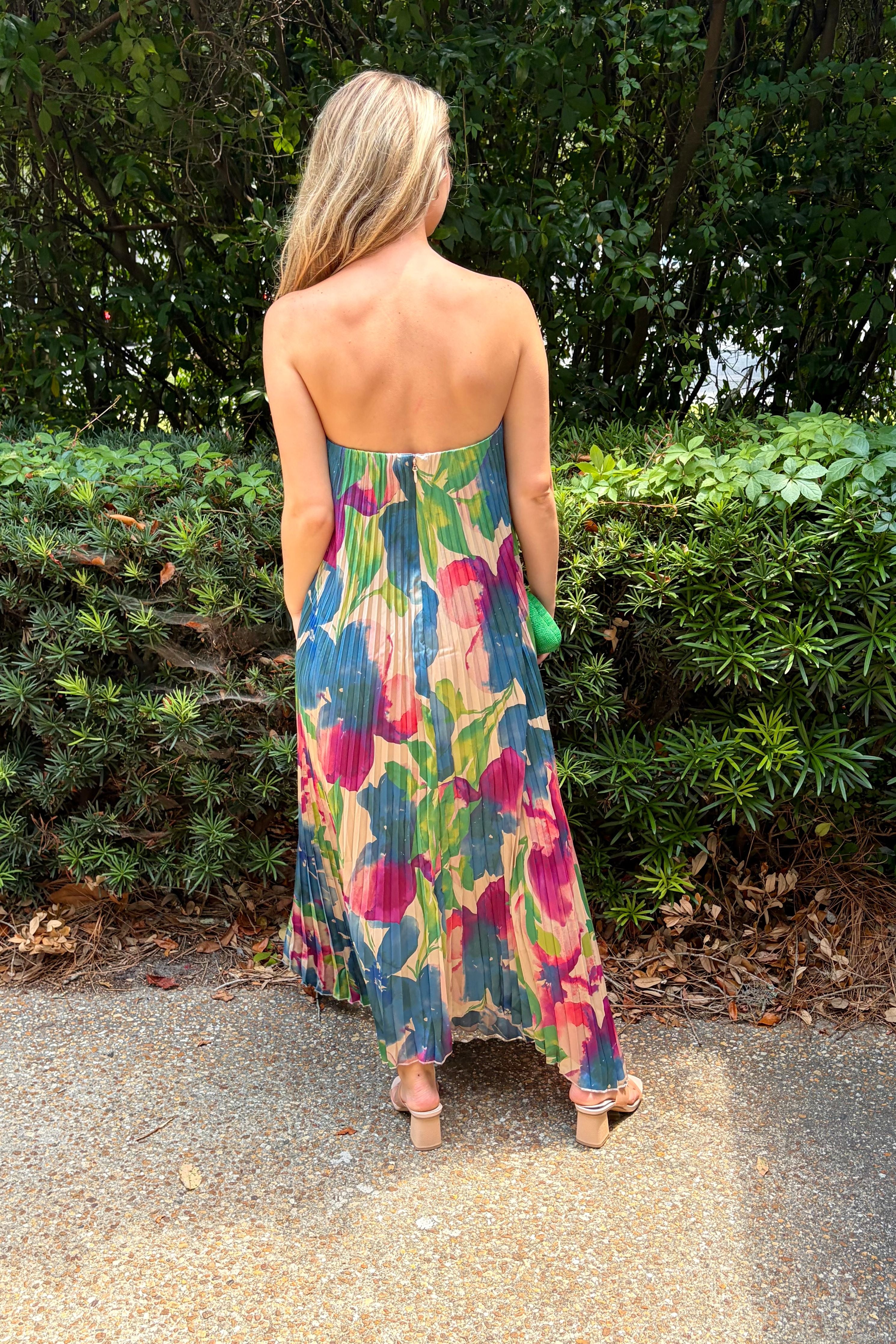 Painted Paradise Strapless Pleated Floral High Low Maxi Dress