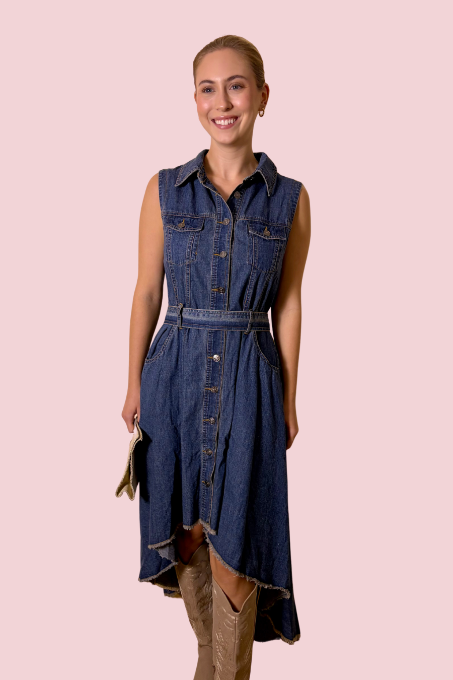 Saddle Up Sleeveless Denim Button Front High-Low Midi Maxi Shirt Dress with Tie Waist