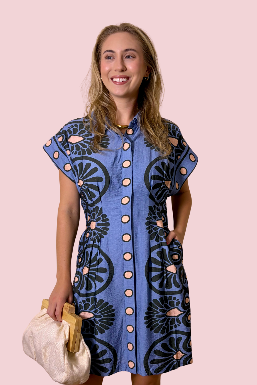 Art of Charm Printed Button Front Mini Shirt Dress with Pockets