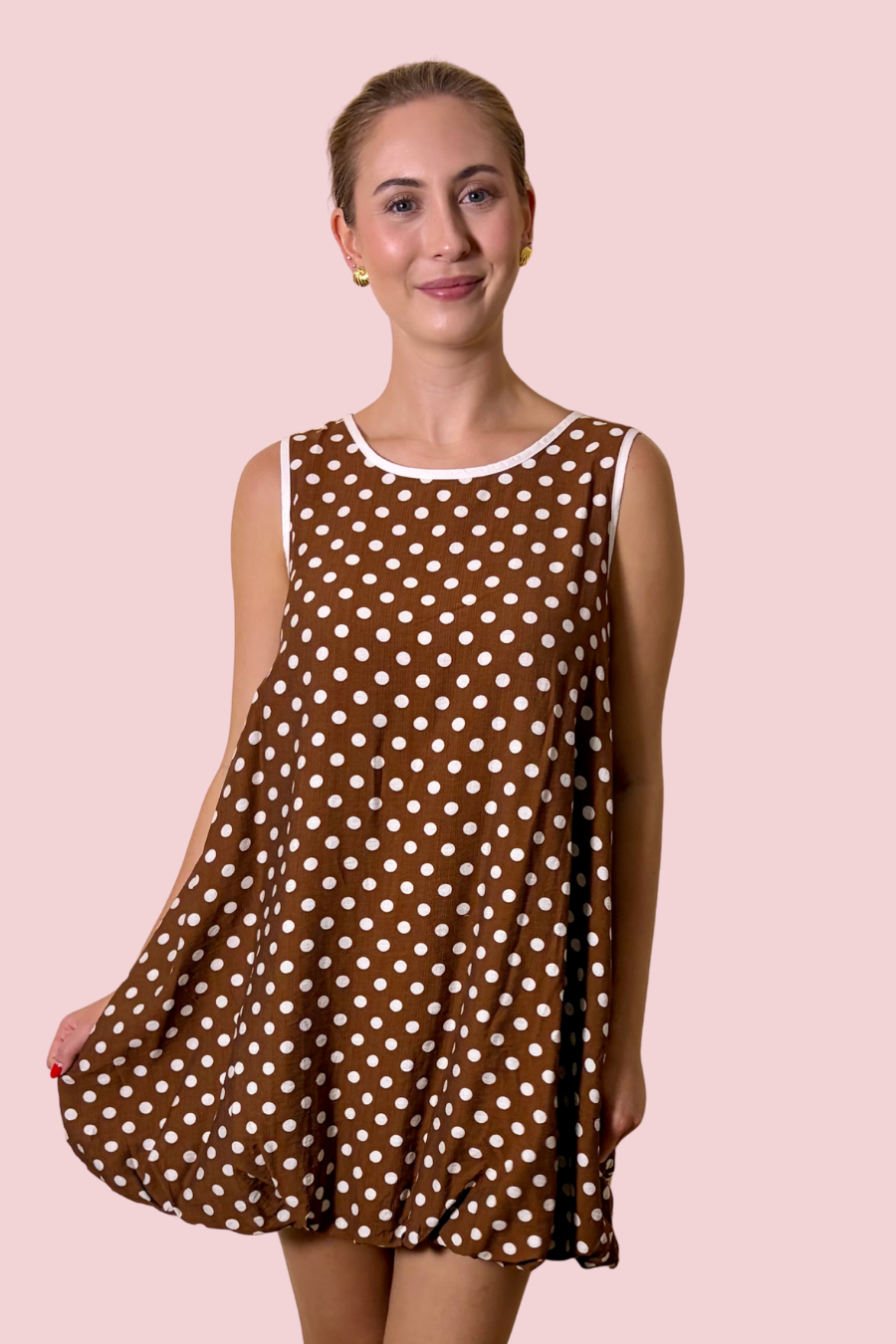 Pop of Fun Polka Dot Sleeveless Bubble Hem Mini Dress with Pockets