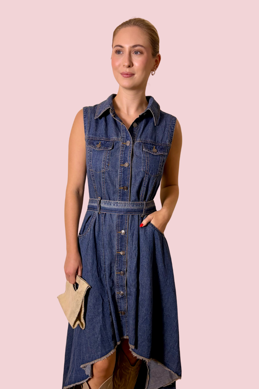 Saddle Up Sleeveless Denim Button Front High-Low Midi Maxi Shirt Dress with Tie Waist
