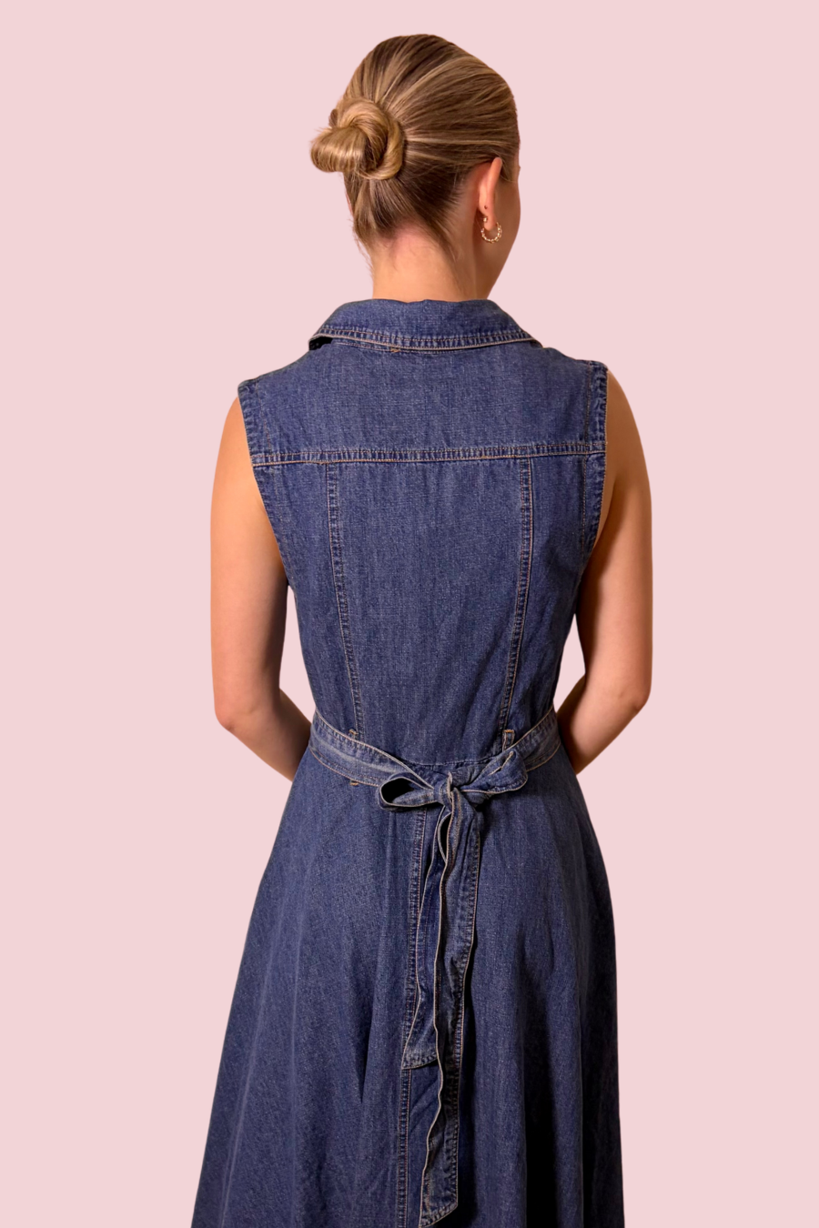 Saddle Up Sleeveless Denim Button Front High-Low Midi Maxi Shirt Dress with Tie Waist
