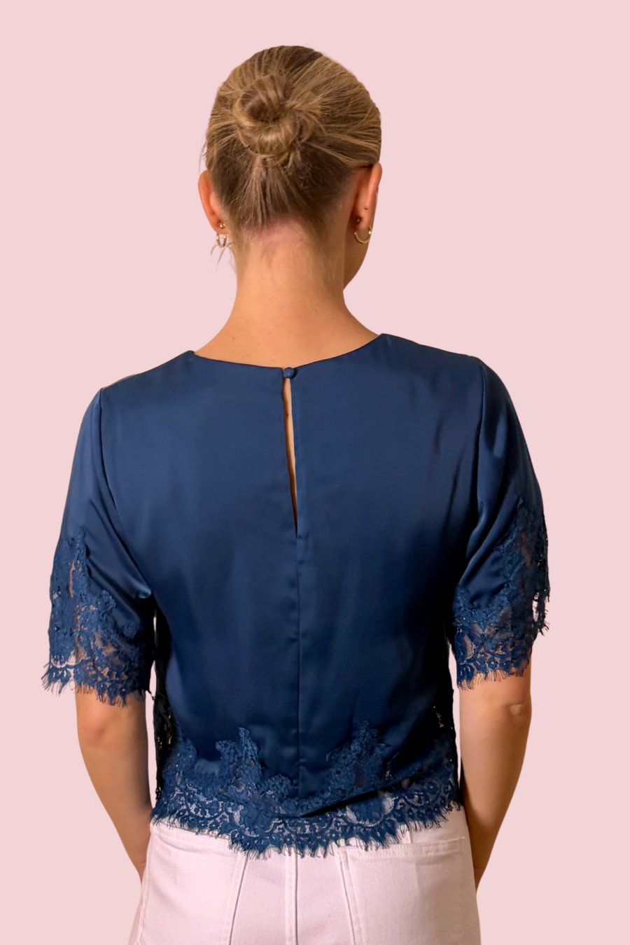 Grace & Lace Blue Lace Trim Short Sleeve Cropped Blouse