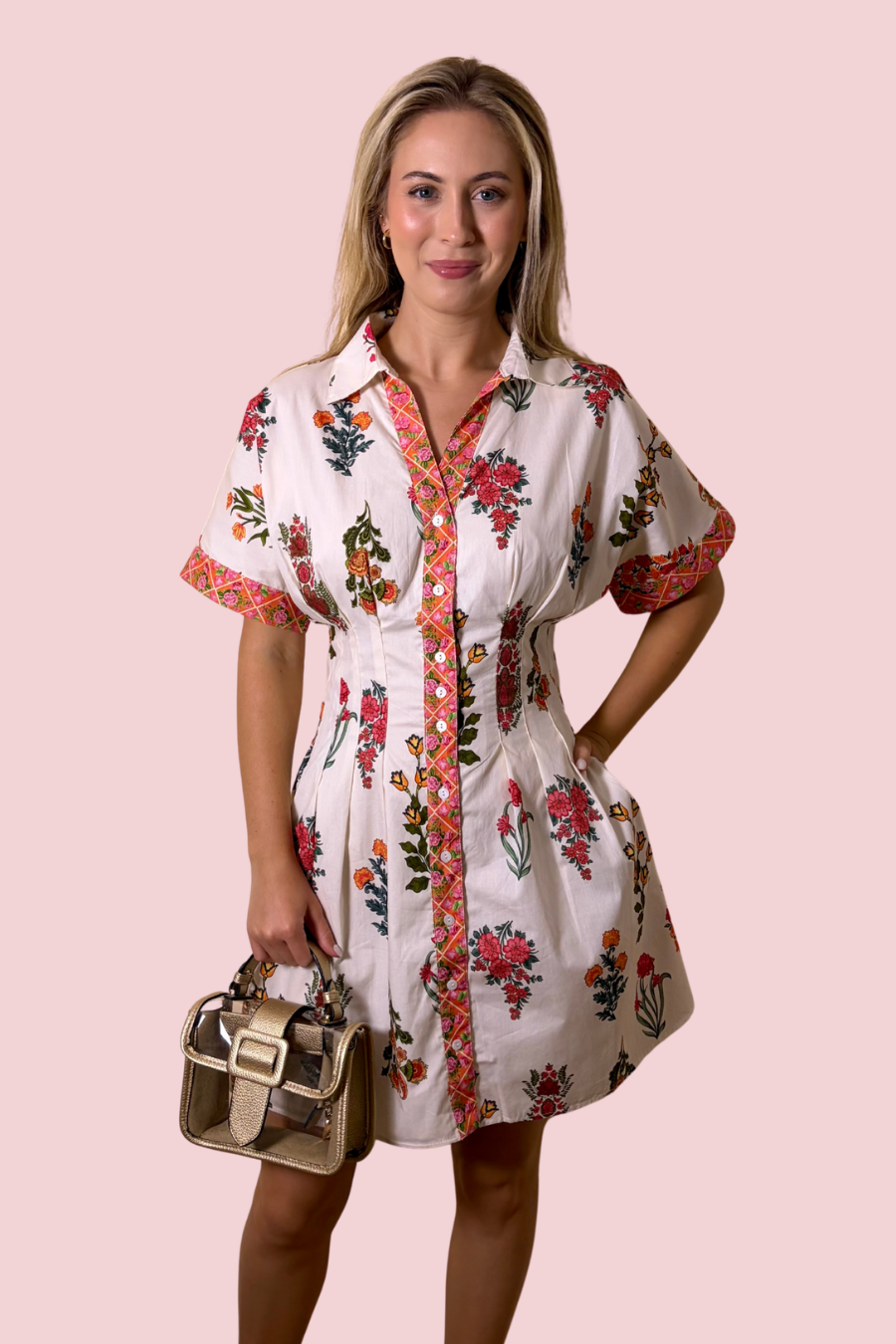 Flower Market Floral Print Collared Mini Dress with Contrast Trim and Pockets