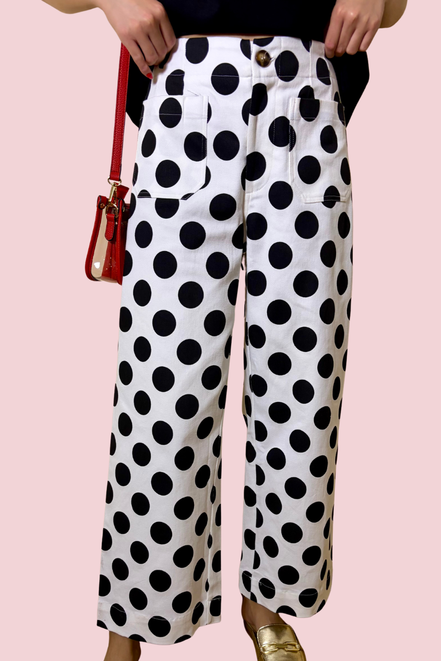 Dot Era High Waist Wide Leg Polka Dot Pants with Front Patch Pockets