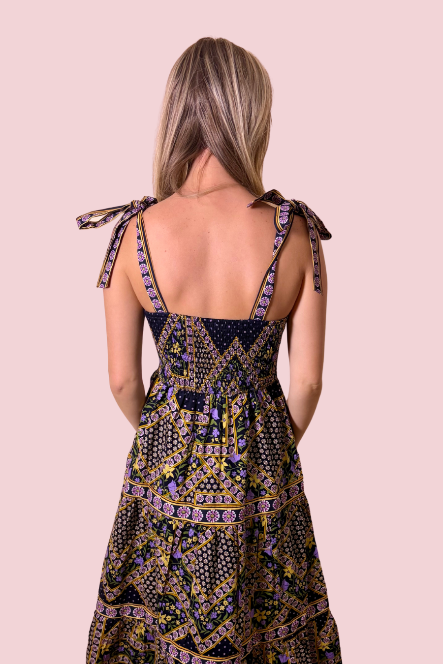 Pattern Play Printed Tie Strap Square Neck Midi Dress