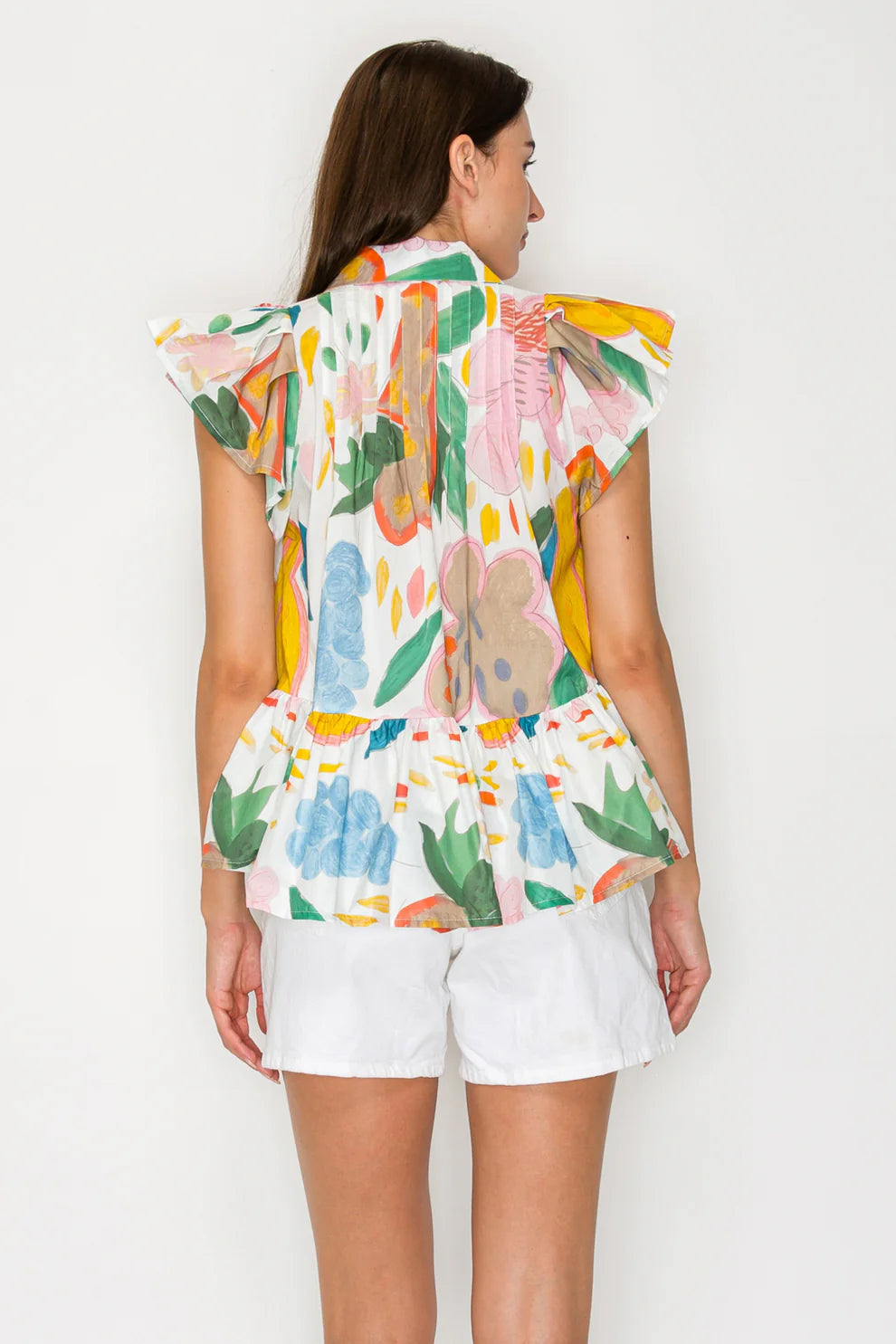 Citrus Crush Colorful Fruit Print Peplum Top with Ruffle Sleeves