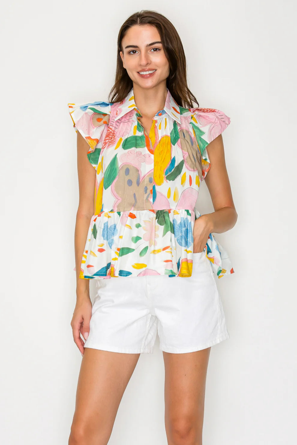 Citrus Crush Colorful Fruit Print Peplum Top with Ruffle Sleeves