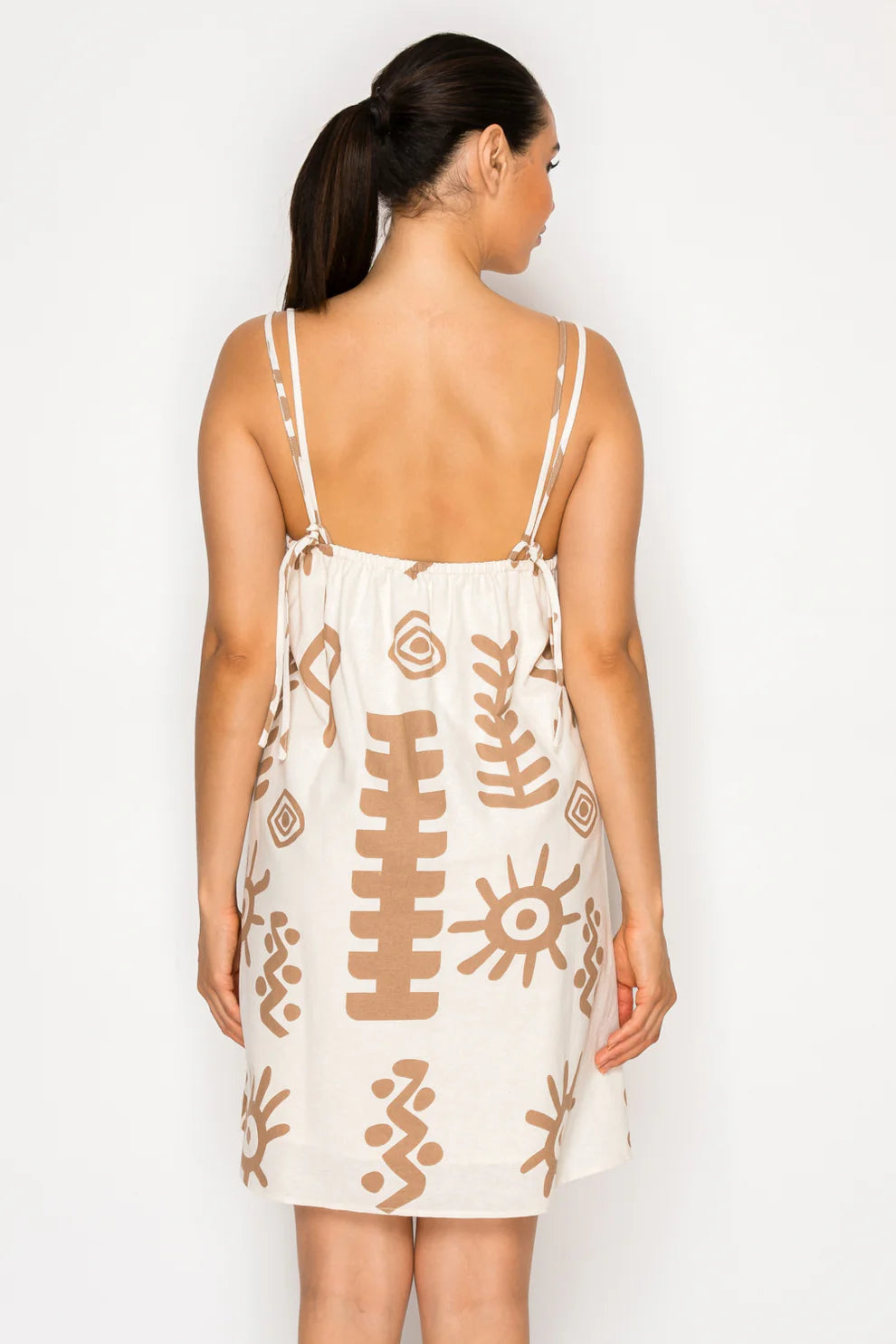 Sun Chaser Neutral Geometric Print Mini Dress with Adjustable Straps