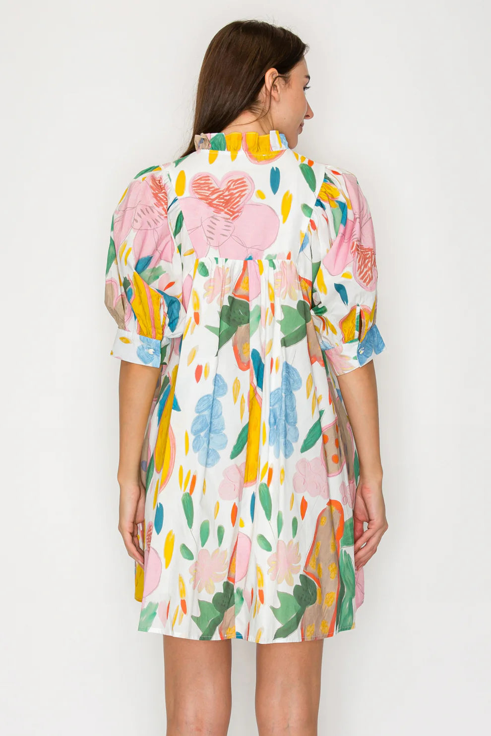 Citrus Crush Colorful Fruit Print Mini Dress with Puff Sleeves and Pockets