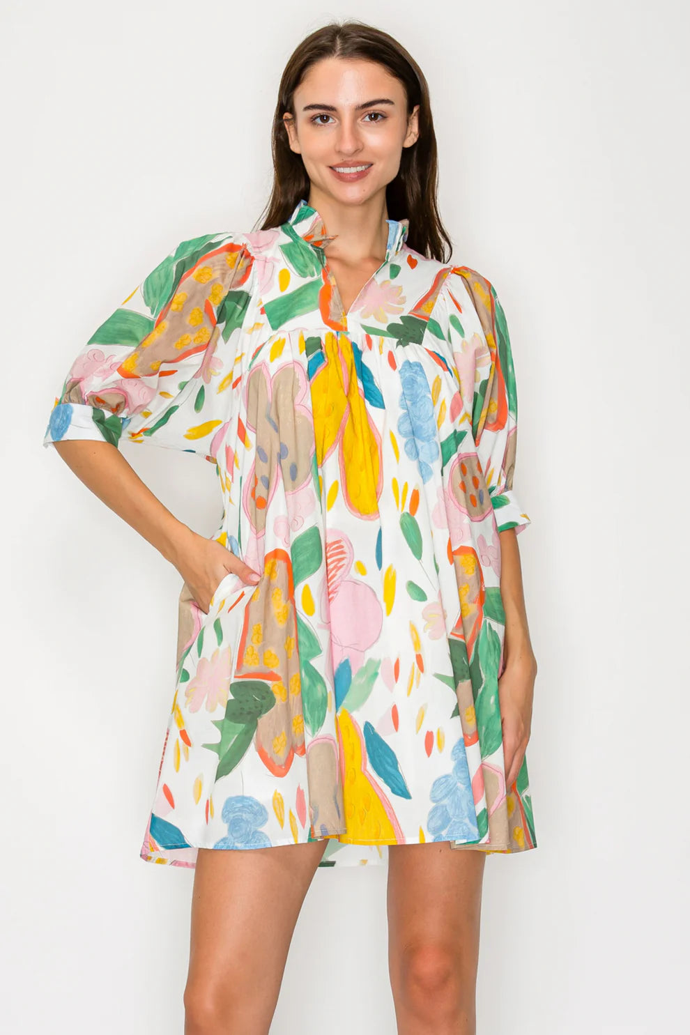 Citrus Crush Colorful Fruit Print Mini Dress with Puff Sleeves and Pockets