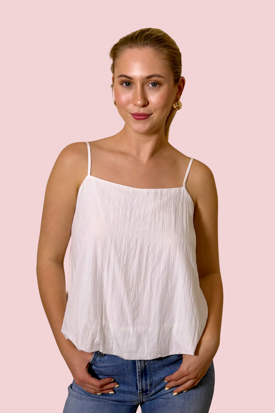 Airy Ease Bubble Hem Tank Top with Spaghetti Straps
