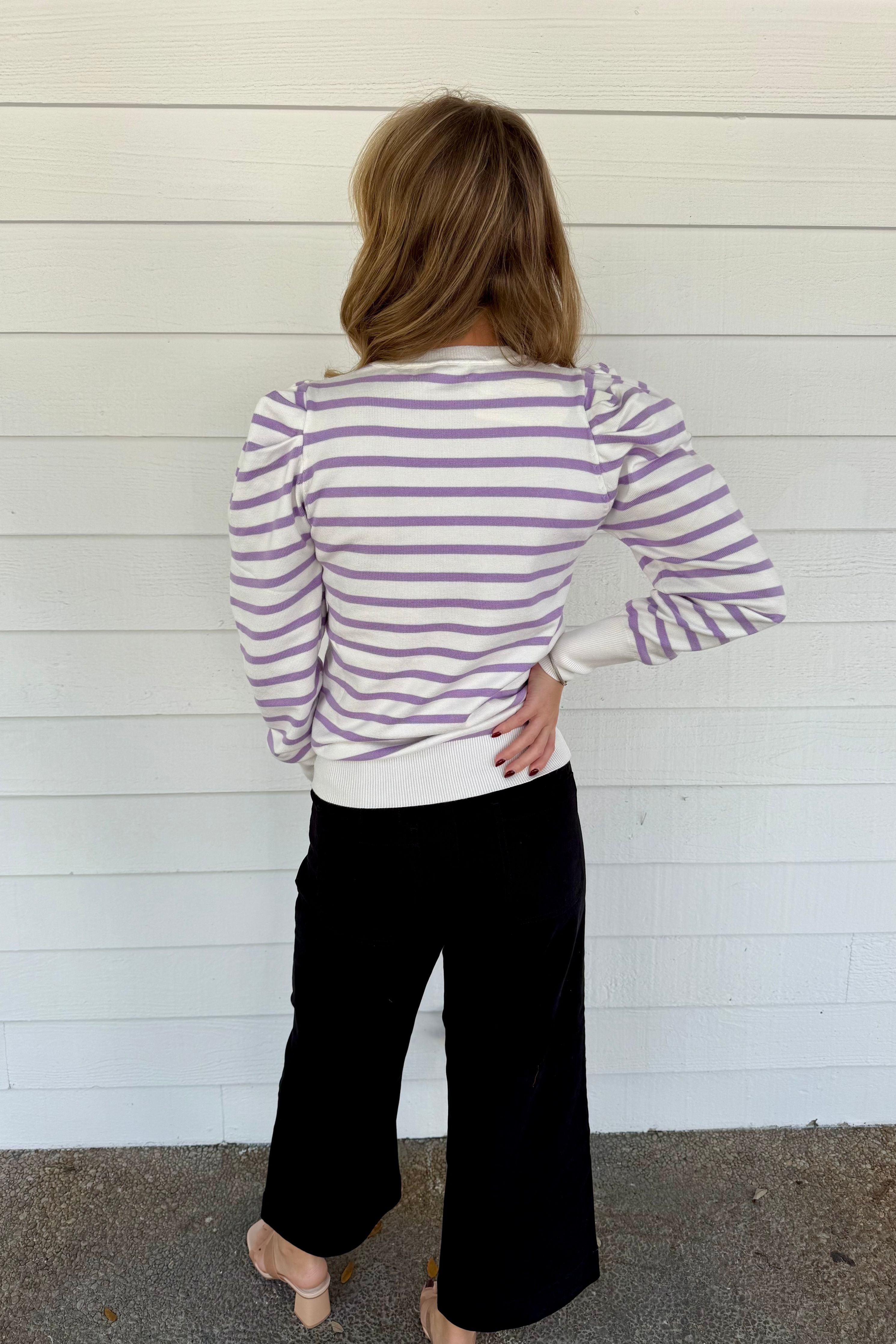 Crew Neck Puff Sleeve Striped Knitted Sweater Top