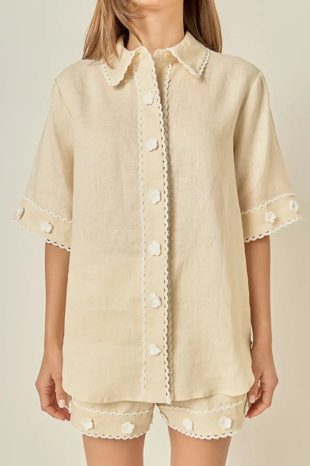 Just Enough Charm Linen Blend Button Front Shirt with Floral Appliqué