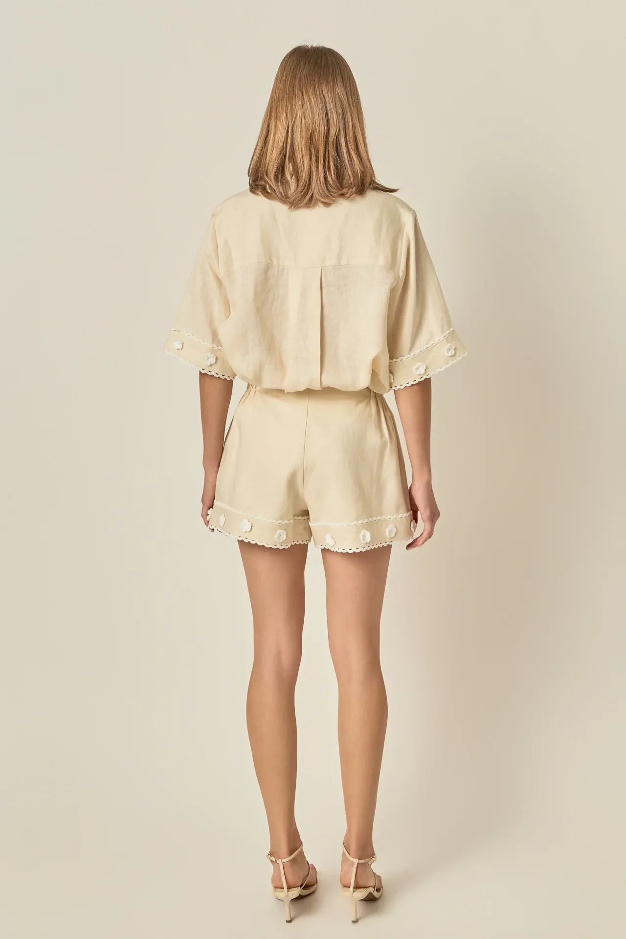 Just Enough Charm Linen Blend High Waisted Shorts with Floral Appliqué