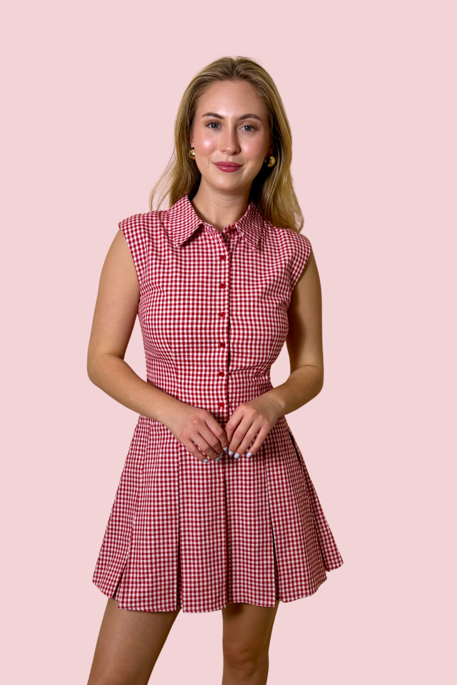 What a Sweetheart Red and White Gingham Mini Dress with Button Down Front