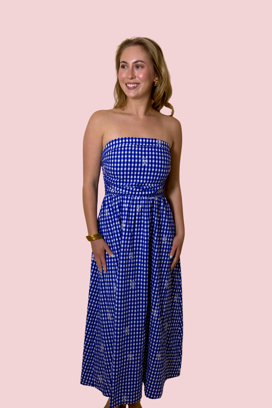 Sweetheart Blue Strapless Gingham Maxi Dress