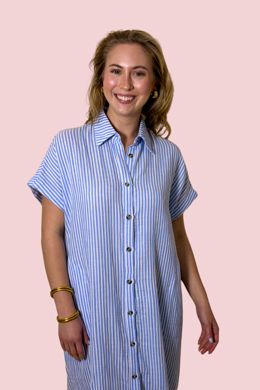 Sloane Blue Striped Button Down Midi Shirt Dress