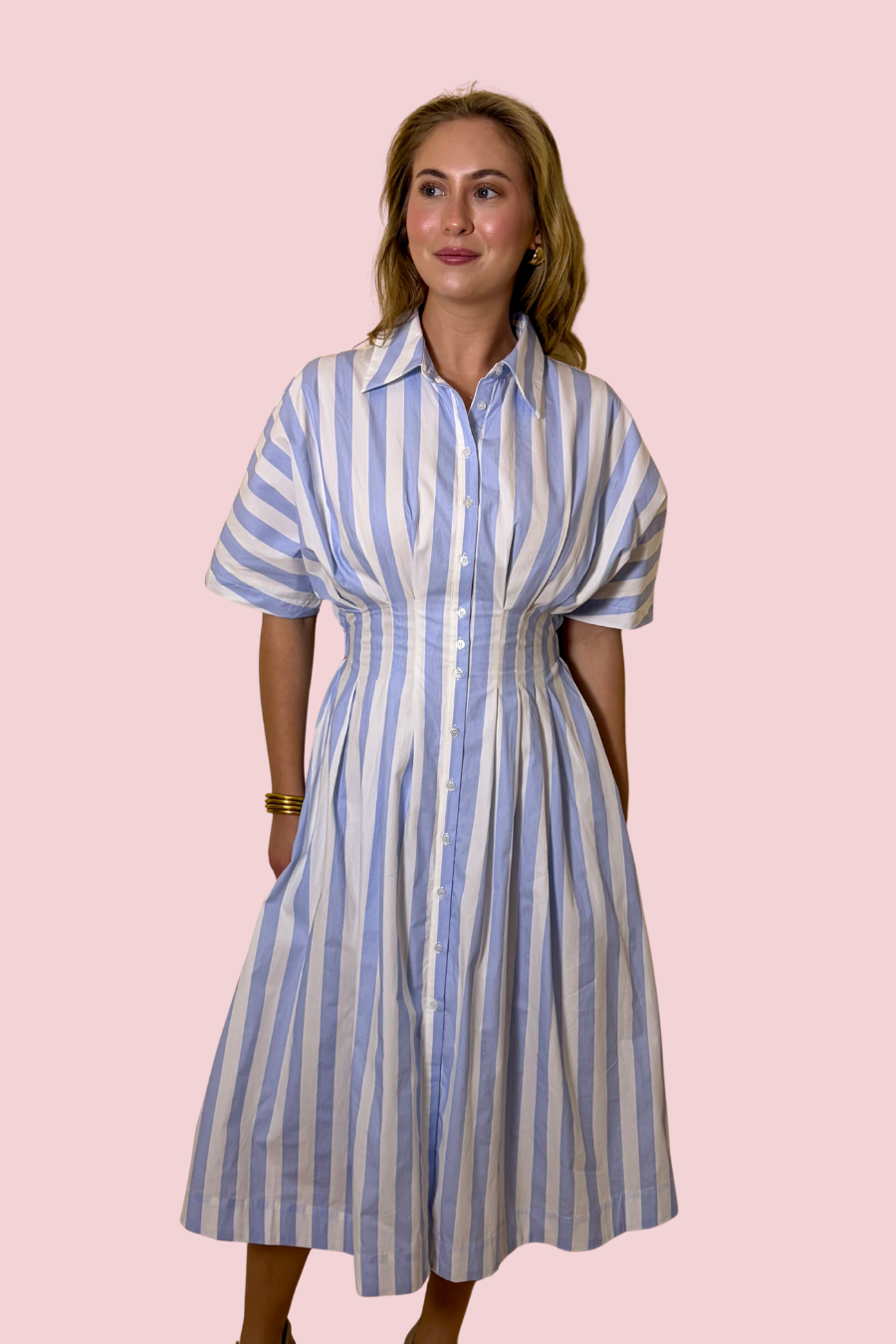 Polished Stripe Button Front Midi Dress with Cinched Waist