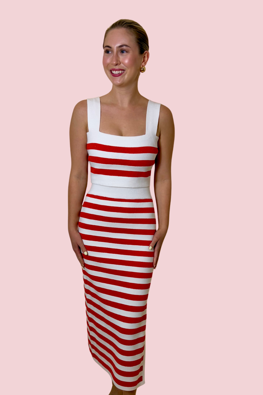 The Bold Lines Fitted Stripe Knit Midi Dress with Square Neck