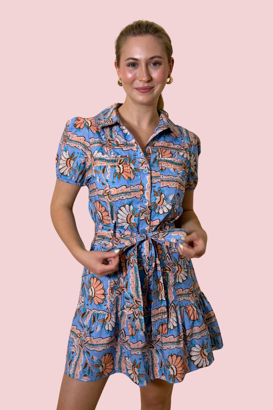 Petal Press Blue Floral Print Shirt Dress with Puff Sleeves and Tie Waist