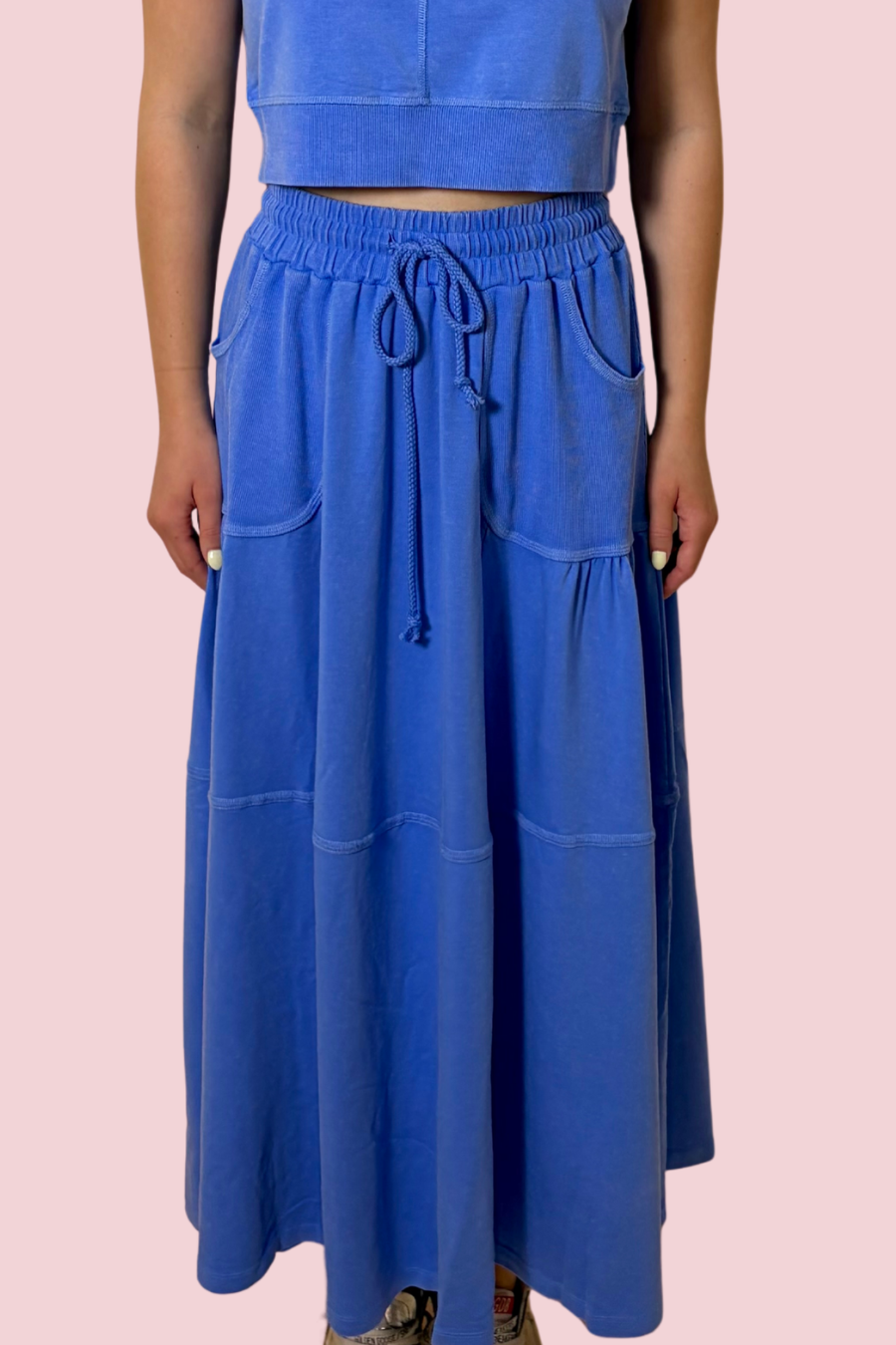 Easy Motion Blue Maxi Skirt with Elastic Waist Lightweight Flowy Skirt