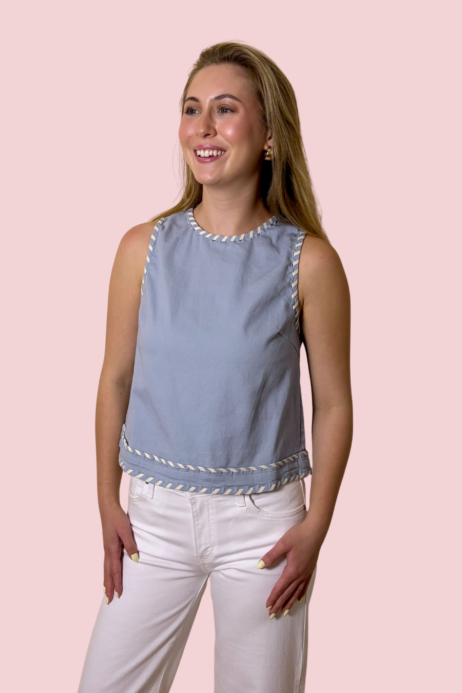 Clean Slate Dusty Blue Sleeveless Blouse with Contrast Trim Detail and Lightweight Fit