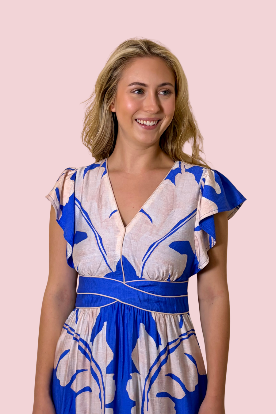 Avery Blue and White Floral Print Flutter Sleeve V Neck Midi Dress