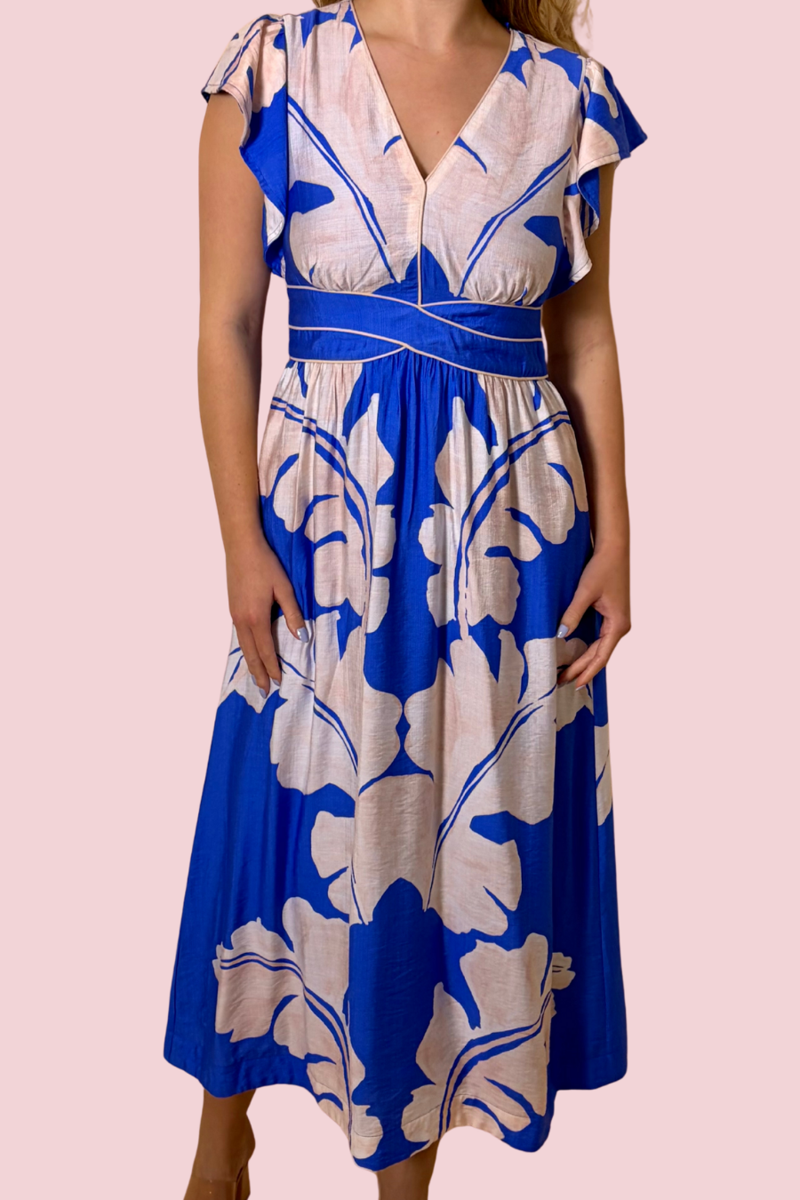 Avery Blue and White Floral Print Flutter Sleeve V Neck Midi Dress