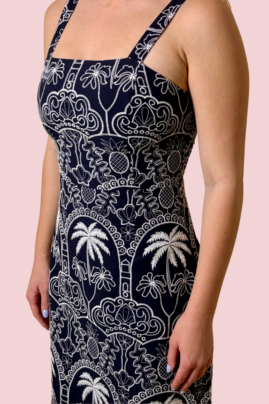 Evangeline Embroidery Printed Midi Dress with Square Neck and Wide Straps