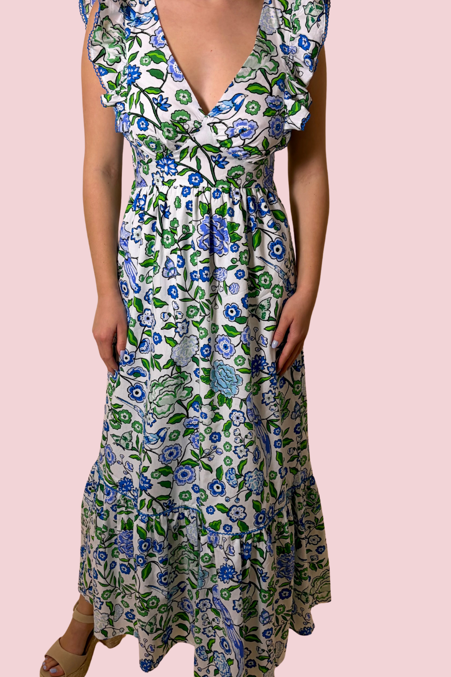 Bloom Haven Floral Print Maxi Dress with Ruffle Sleeves and V Neck