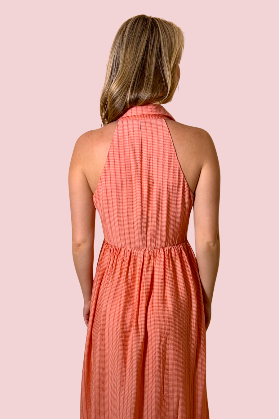 Mia Coral Sleeveless Button Down Collared Midi Dress with Cinched Waist
