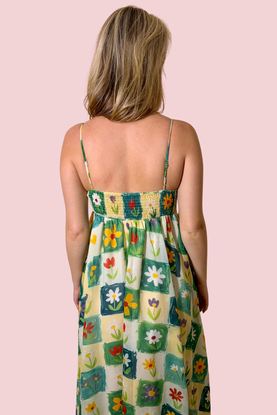 Artisan Bloom Floral Patchwork Midi Dress with Spaghetti Straps and Pockets