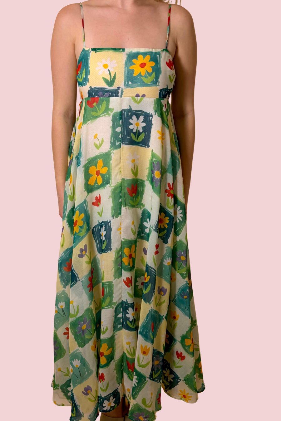 Artisan Bloom Floral Patchwork Midi Dress with Spaghetti Straps and Pockets