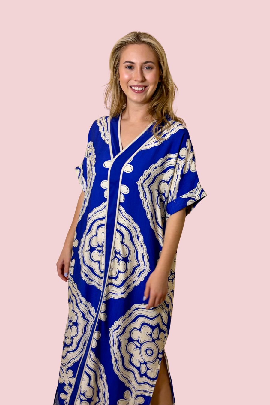 Saint Riviera Blue Tile Print Maxi Dress for Women with Relaxed Fit and Short Sleeves