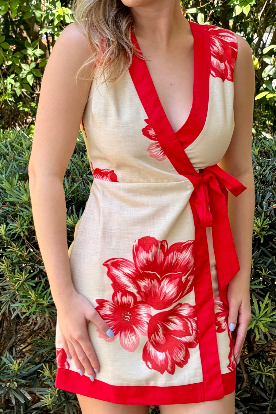 Amara Floral Print Wrap Mini Dress with Contrast Trim and Tie Waist