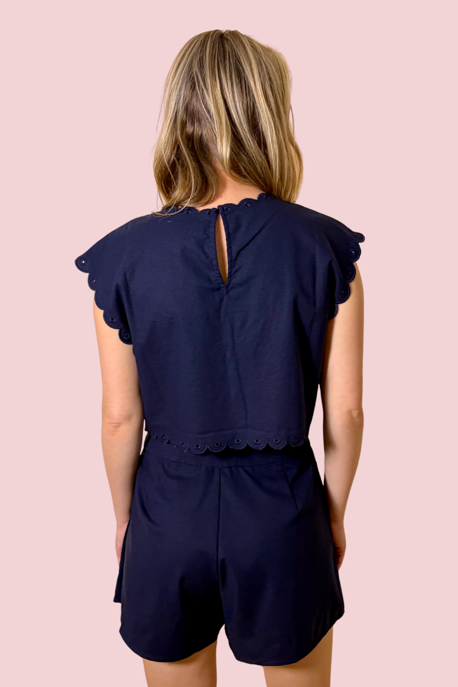 Navy Noir Navy Blue Eyelet Lace Crop Top with High Waisted Pleated Shorts Set