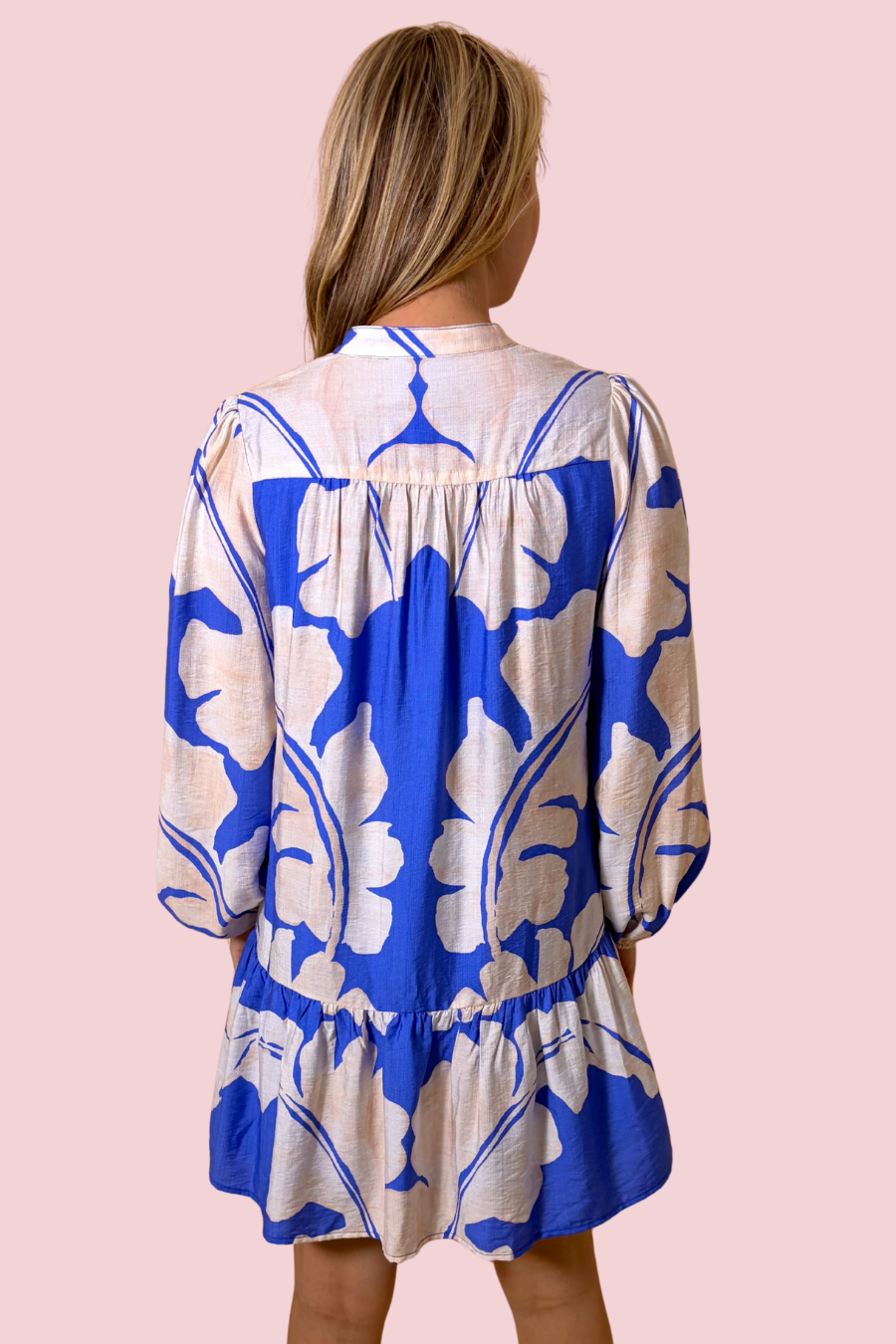 Ella Blue and White Floral Print Long Sleeve Button Down Shirt Dress Mini
