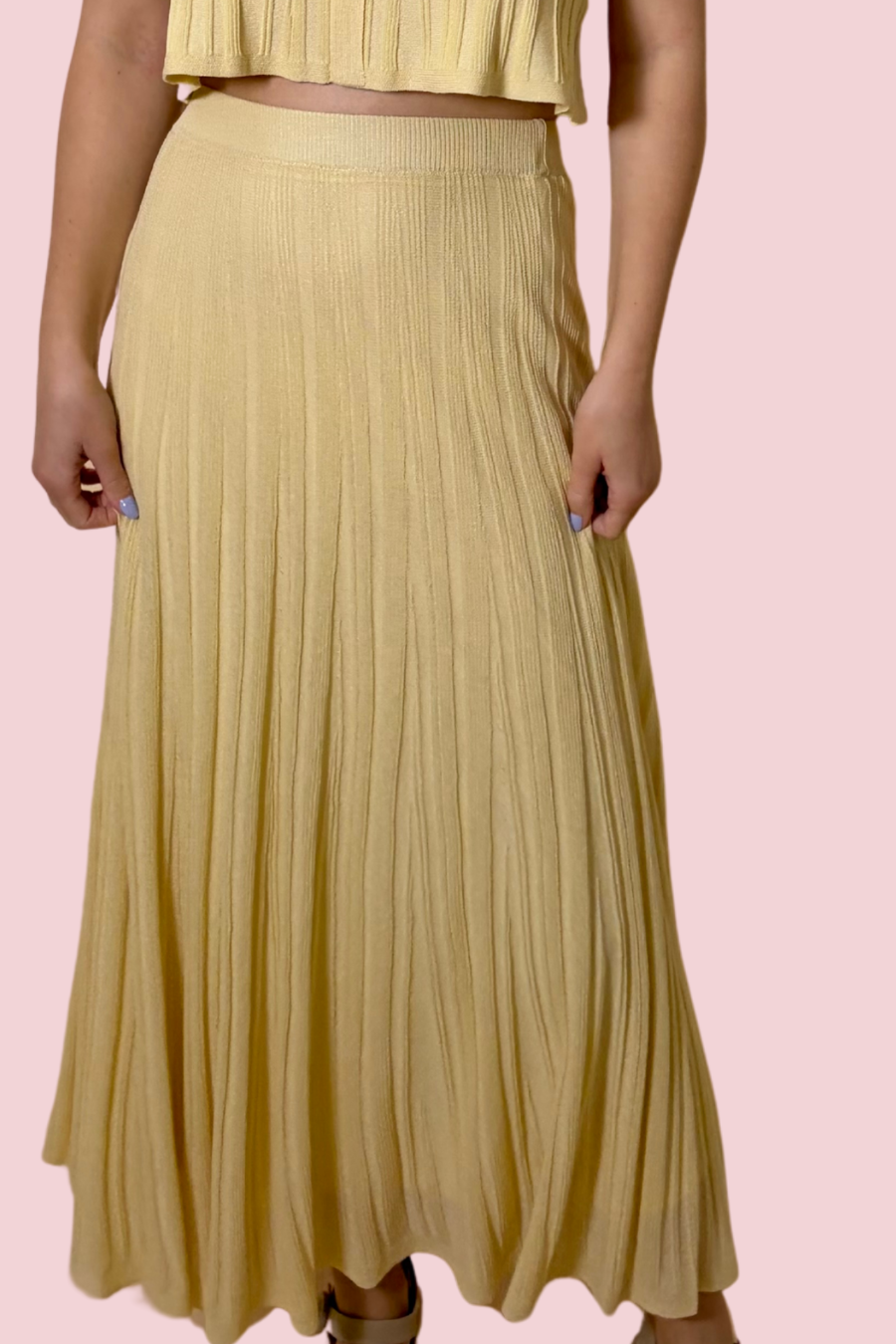 Soft Glow Pleated Midi Skirt and Crop Top Two Piece Set with Tie Straps