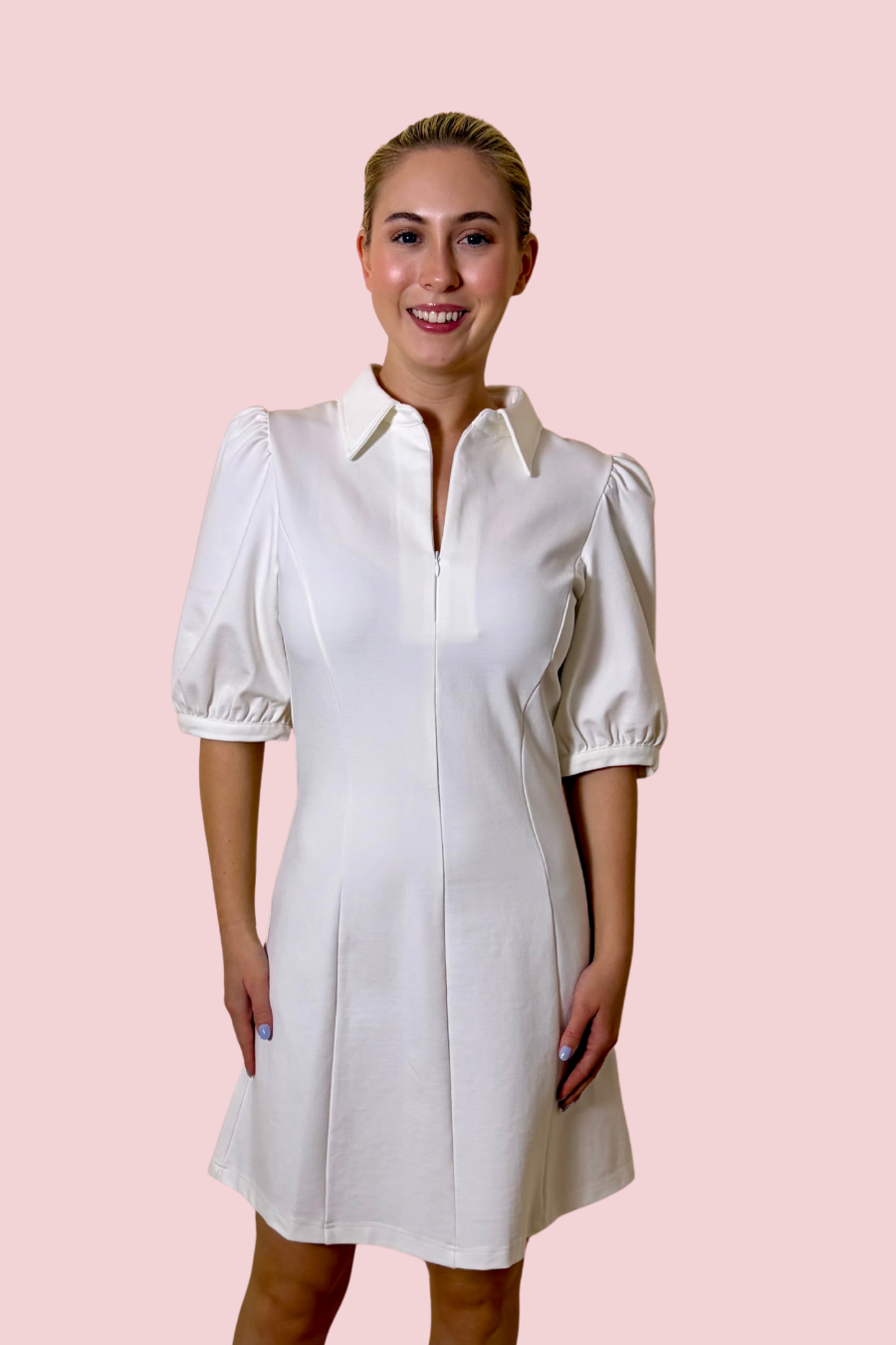 Clean Girl Collared Mini Dress with Puff Sleeves and Tailored A-Line Shape