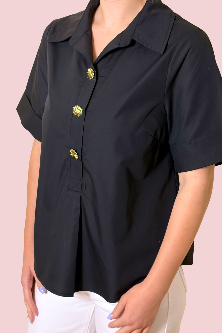 Signature Button Black Button Down Blouse with Short Sleeves and Collared Neck
