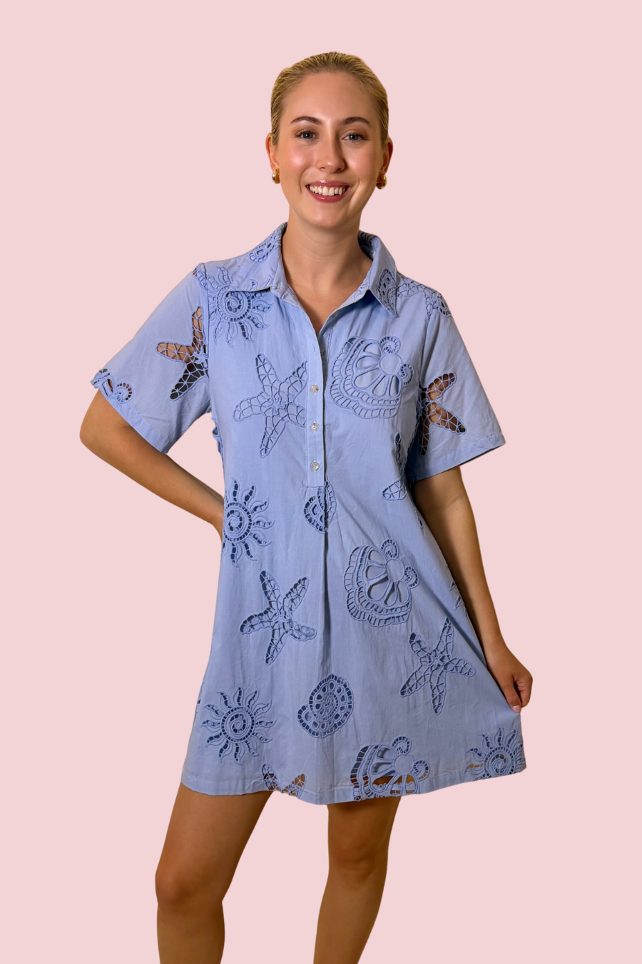 Isla Embroidered Shirt Dress with Short Sleeves and Button Front