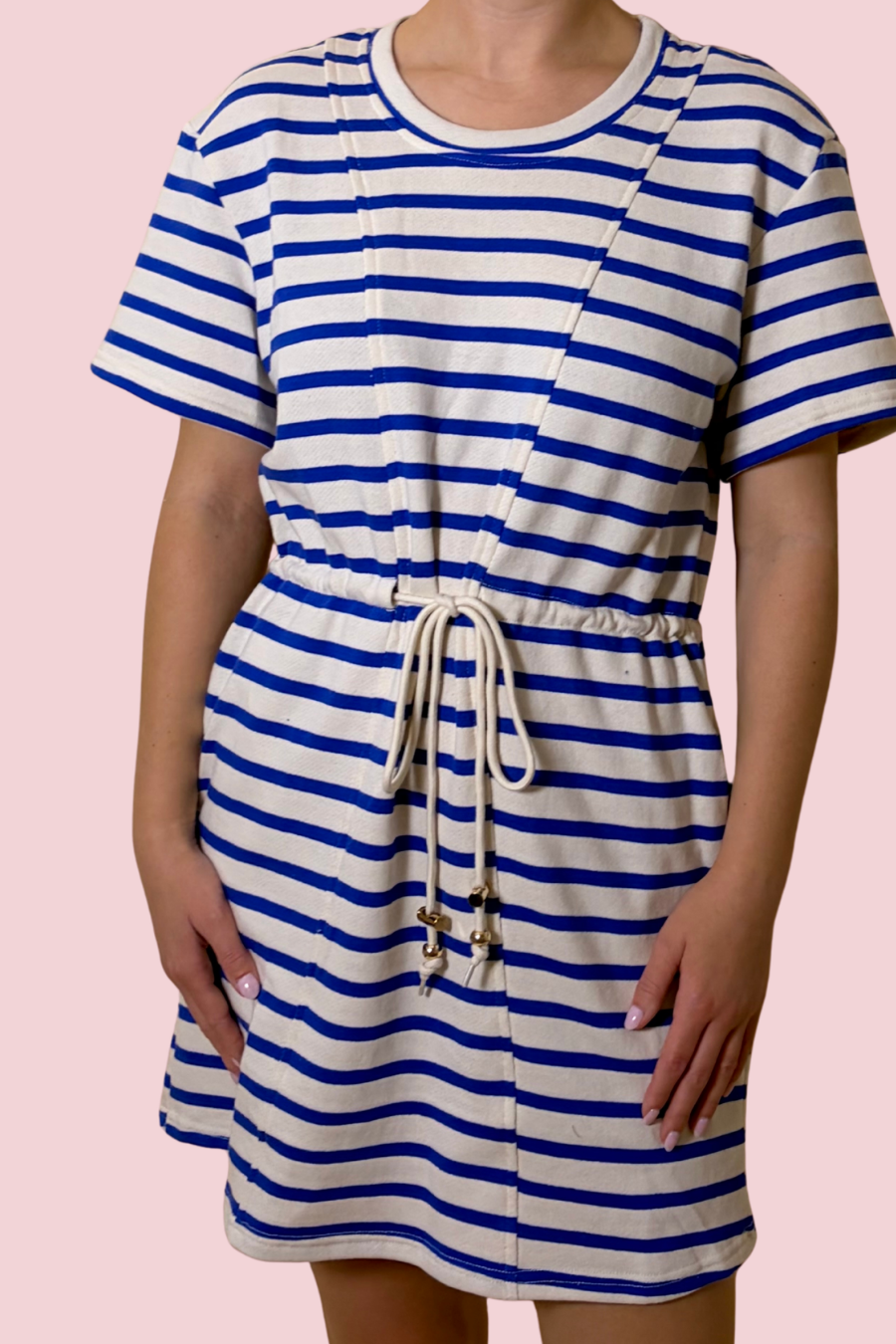 Sapphire Waves Blue and White Striped T-Shirt Mini Dress with Drawstring Waist