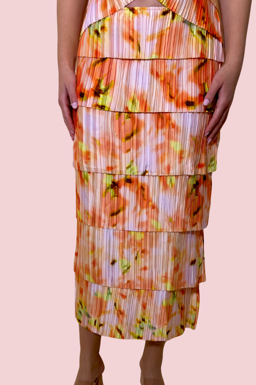 Sunset Bloom Pleated Tiered Maxi Skirt with Abstract Floral Print