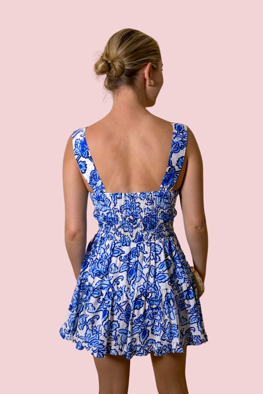 Porcelain Bloom Blue Floral Print Romper with Wide Straps and Flowy A-Line Fit